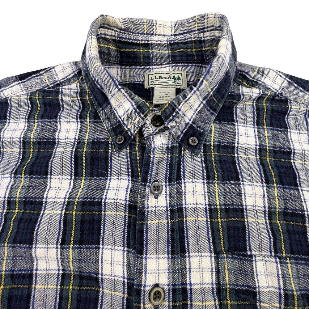 LL Bean Flannel Shirt Mens L Tall Blue Green Tartan Plaid Button Down Cotton